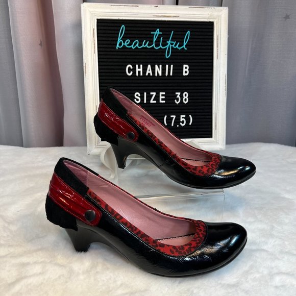 CHANII B Black Leather w Red Leopard Ruffle & Trim w Red Trim on Heels-38 - Picture 2 of 16